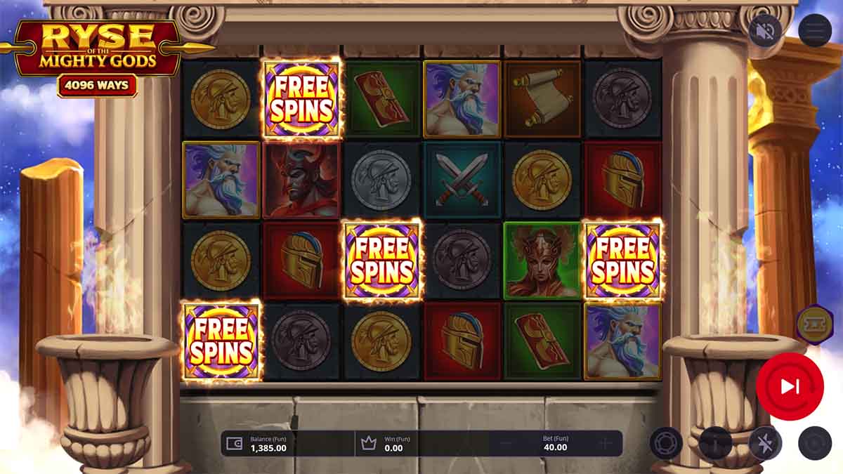 Ryse of the Mighty Gods slot game by OneTouch Gaming showing 4 FREE SPINS scatter