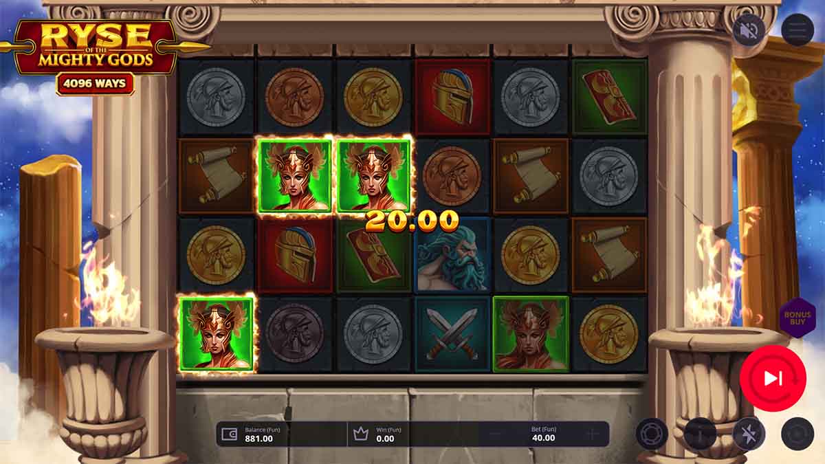 Ryse of the Mighty Gods slot game by OneTouch Gaming showing win of €20