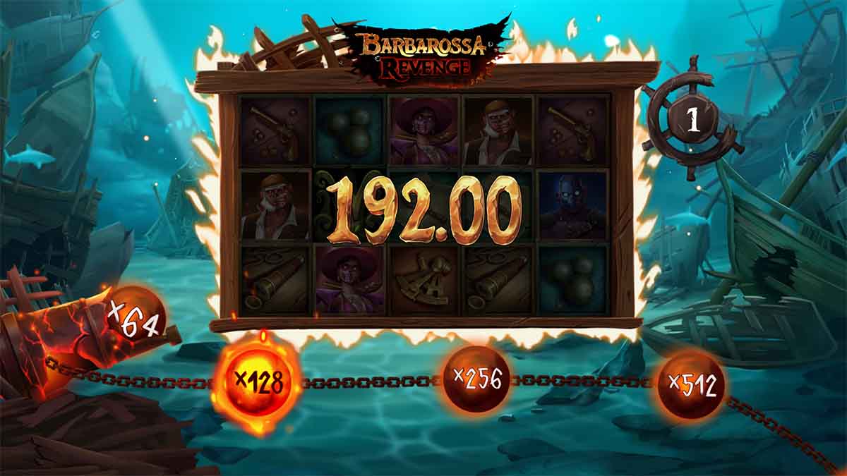  Barbarossa Revenge DoubleMax slot game by Peter & Sons, showing Win of 192.00