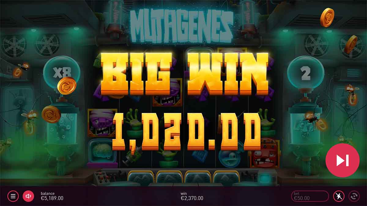 Mutagenes slot game by Peter and Sons, Big Win €1,020