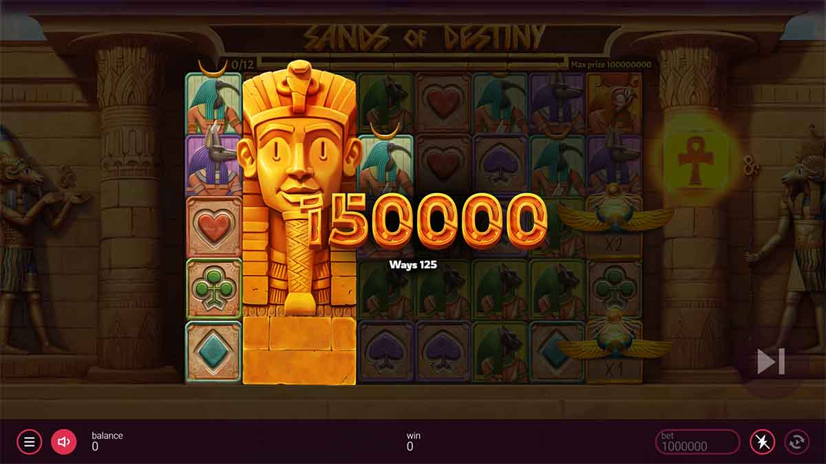 Sands of Destiny slot game by Peter & Sons, showing Win of 150,000