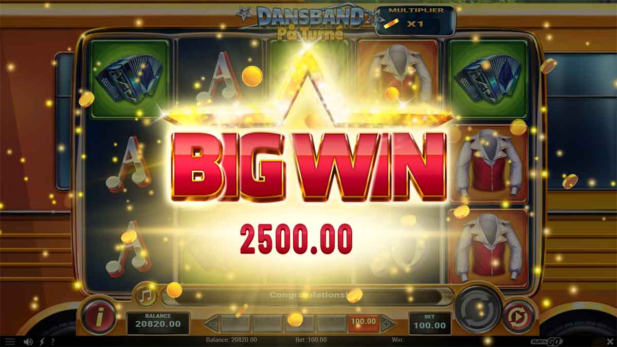 Dansband På Turné slot game by Play'n GO, showing Big Win of 2500