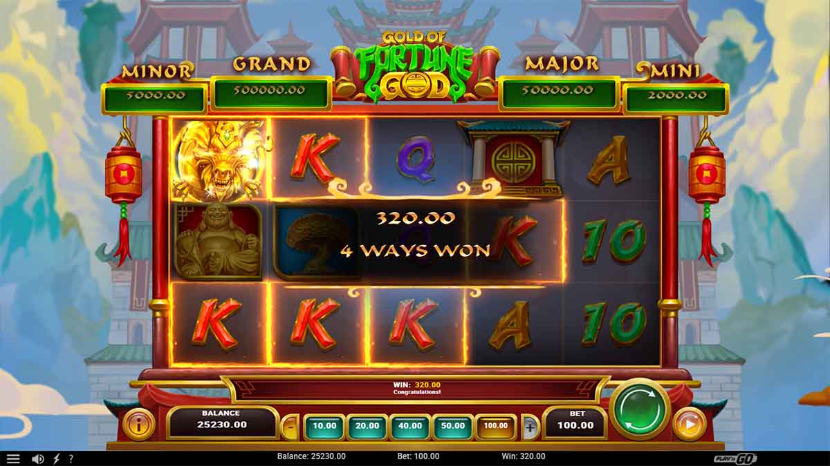 Gold of Fortune God slot game by Play'n GO, showing Win of 320.00