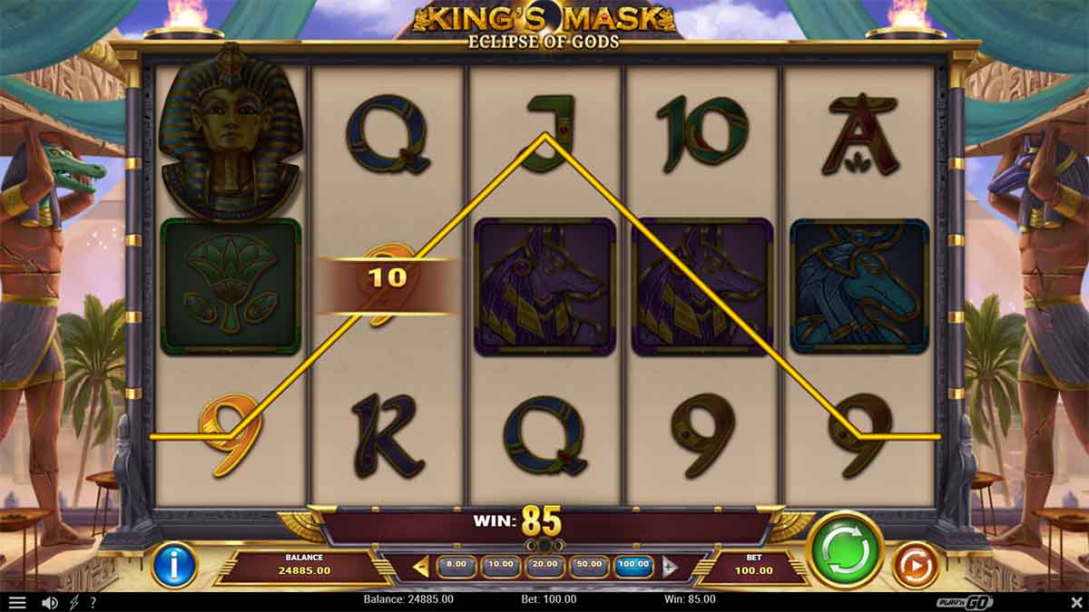 King's Mask Eclipse of Gods slot game by Play'n GO, showing Win of 85.00