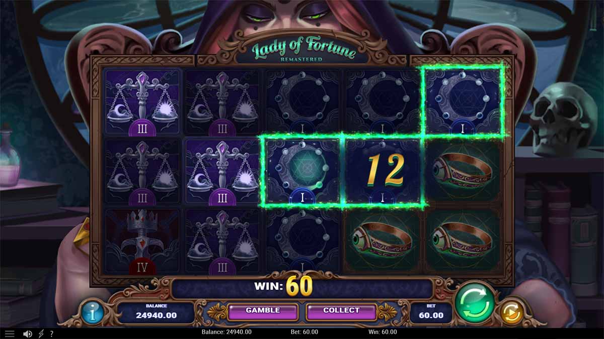 Lady of Fortune Remastered slot game by Play'n Go, showing Win of 60.00