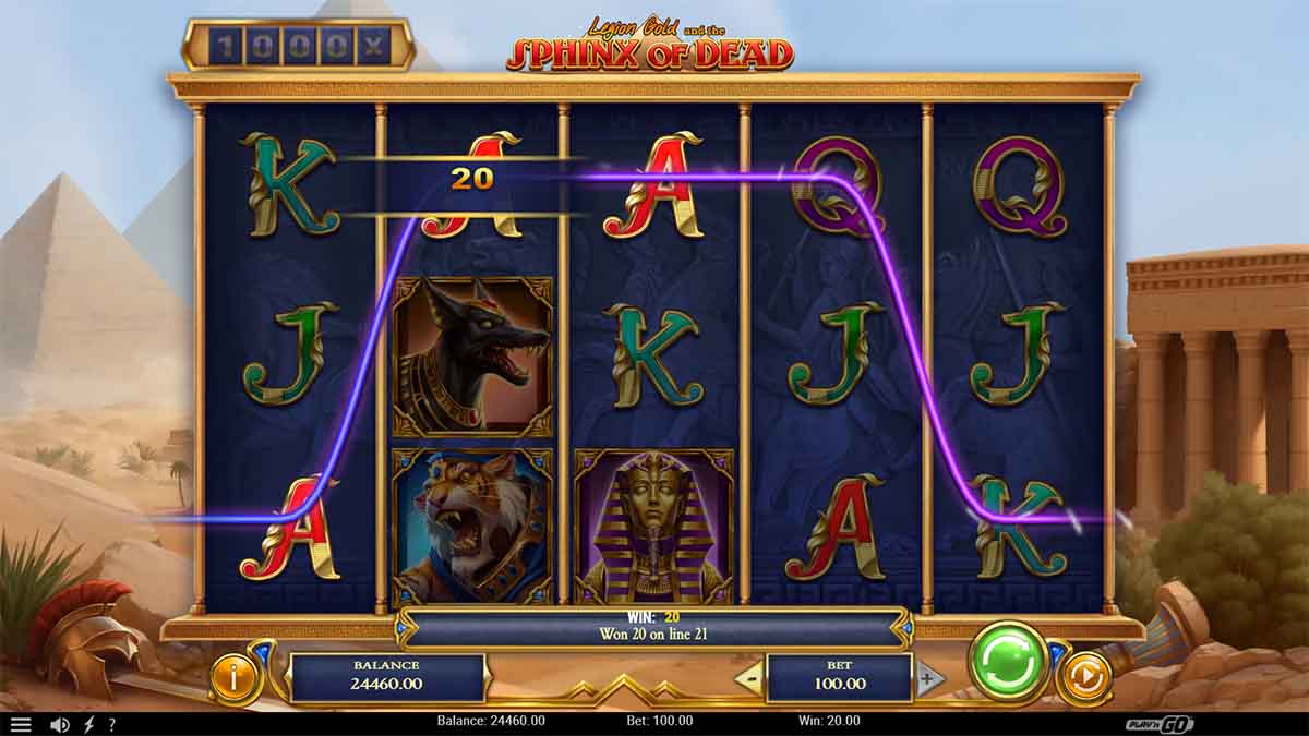 Legion Gold and the Sphinx of Dead slot game by Play'n GO, showing Win of 20.00