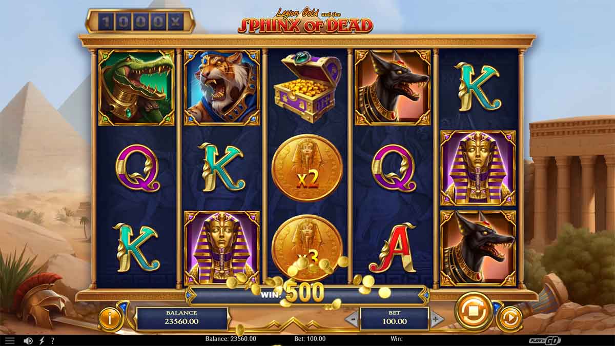 Legion Gold and the Sphinx of Dead slot game by Play'n GO, showing Win of 500.00