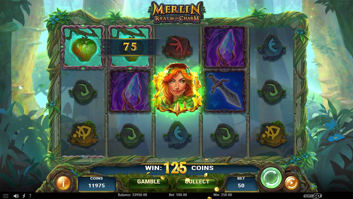 Merlin Realm of Charm slot game by Play'n GO, showing Win of 125.00