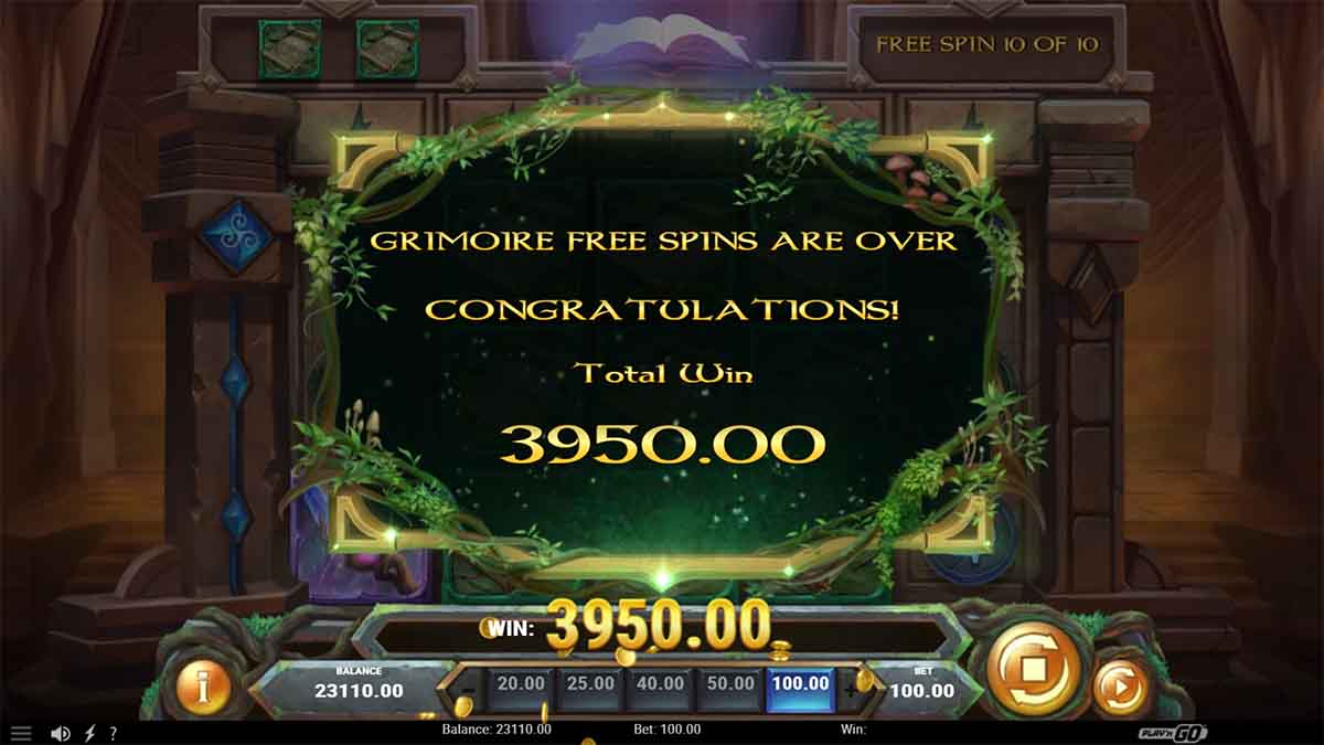 Merlin's Grimoire slot game by Play'n GO, showing Total Win of 3,950 from Free Spins