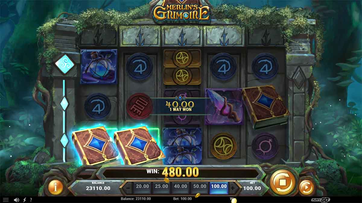 Merlin's Grimoire slot game by Play'n GO, showing Win of 480.00