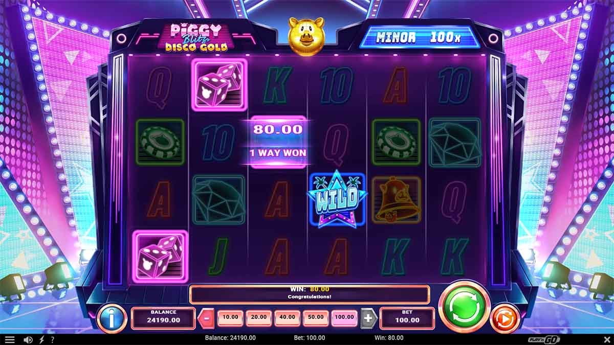 Piggy Blitz Disco Gold slot game by Play'n GO, showing Win of 80.00