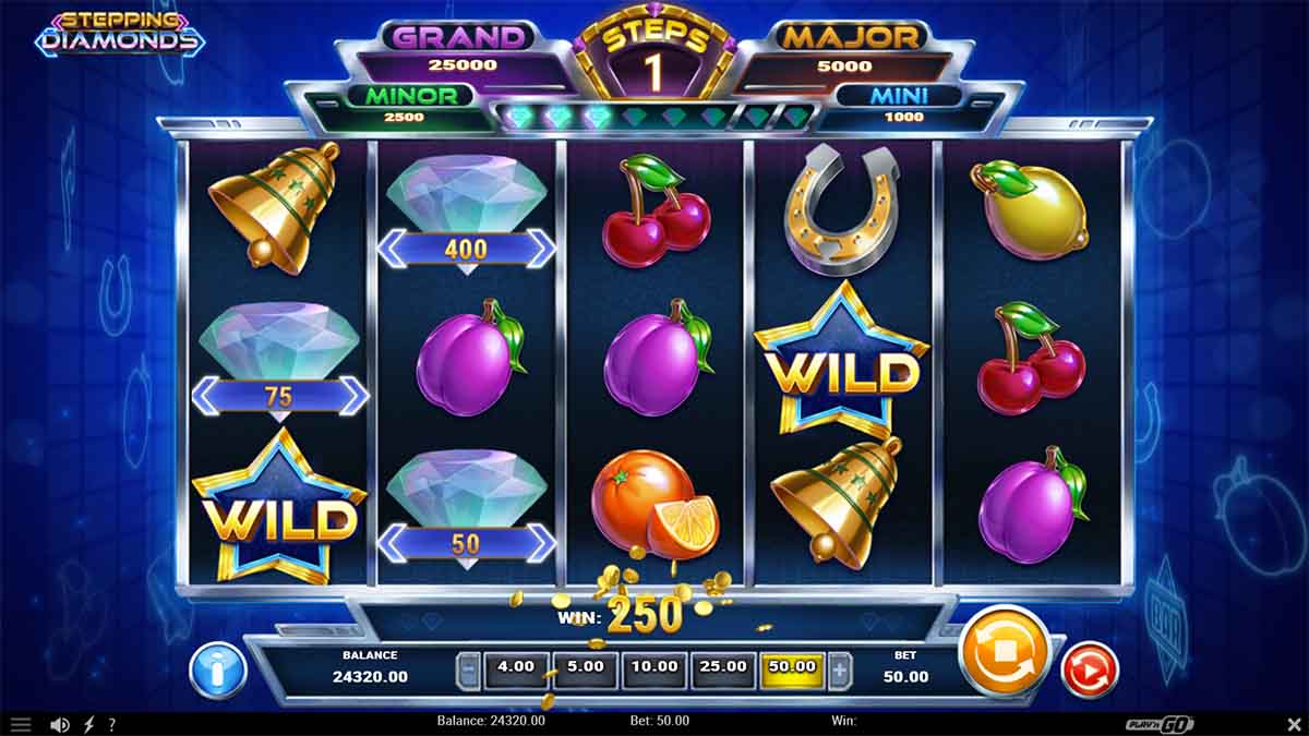 Stepping Diamonds slot game by Playn Go showing Wild Win of 250