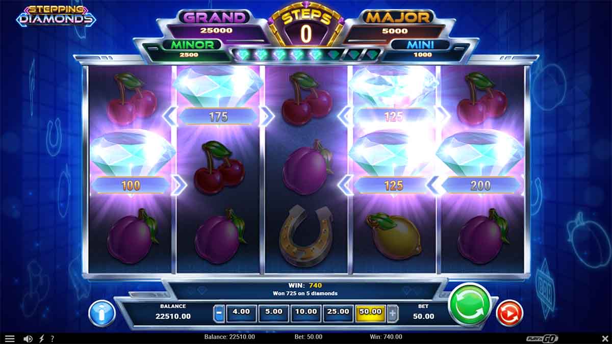 Stepping Diamonds slot game by Playn Go showing Diamond Win of 740