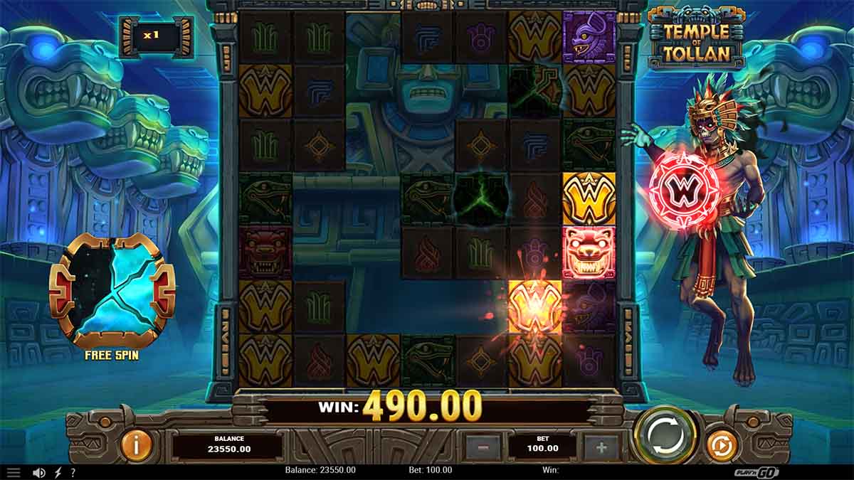 Temple of Tollan slot game by Play'n GO, showing Win of 490.00