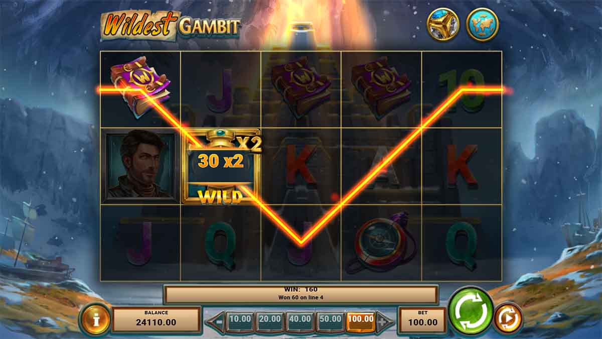 Wildest Gambit slot game by Play'n GO, showing Win of 160.00