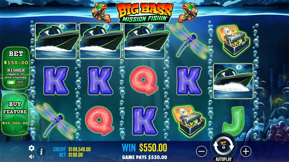 Big Bass Fishing Mission slot game by Pragmatic Play, showing Win of 550.00