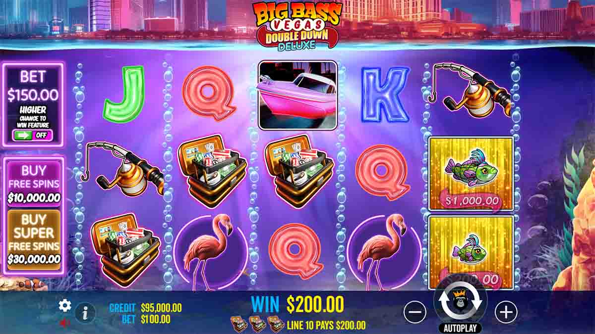 Big Bass Vegas Double Down Deluxe slot game by Pragmatic Play, $200 win