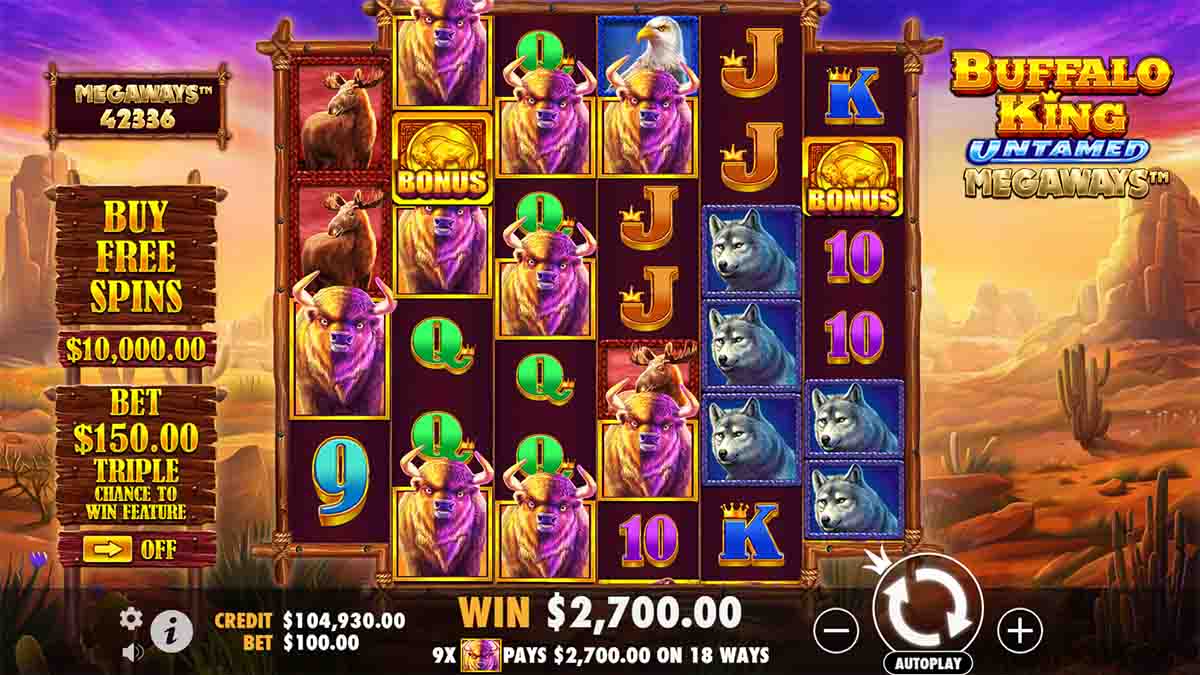 Buffalo King Untamed Megaways slot game by Pragmatic Play, showing Win of 2,700