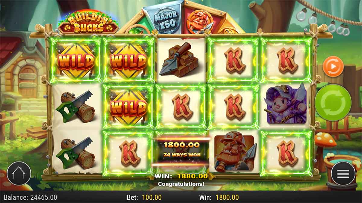 Buildin' Bucks slot game by Pragmatic Play showing win of 1880