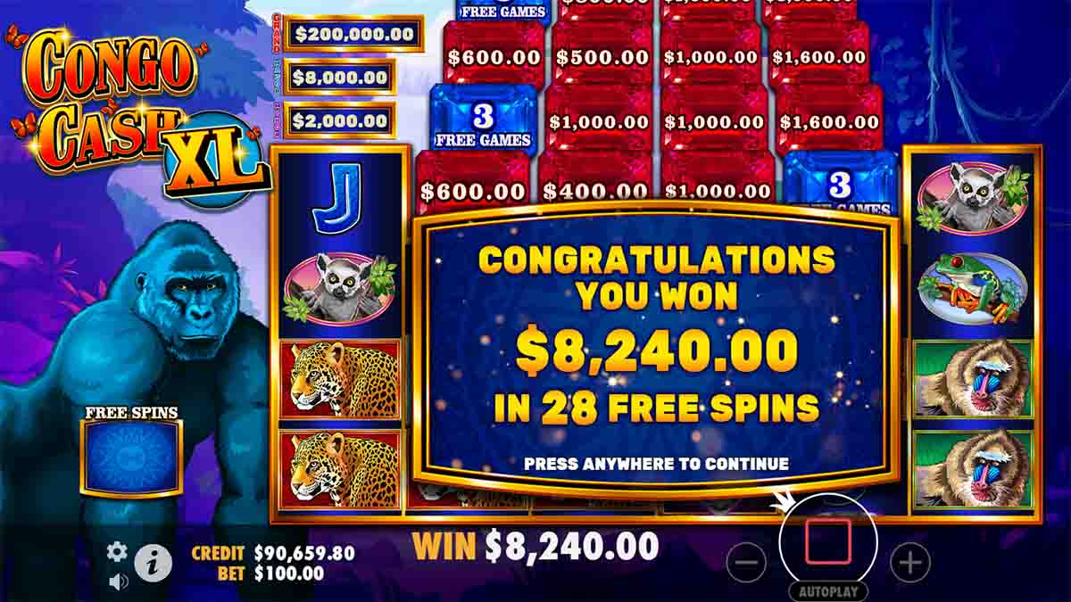 Congo Cash XL slot game by Pragmatic Play, Total Win $8,240 in 28 free spins