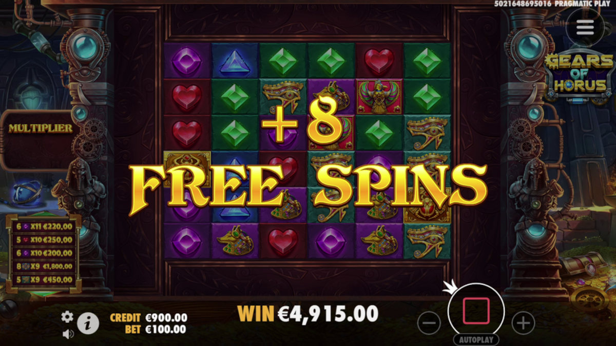 extra 8 free spins won on gears of horus