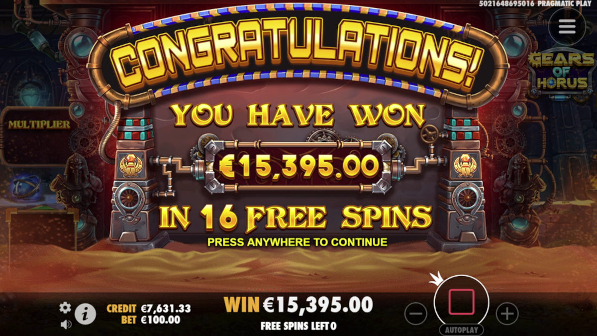 15k euros won with 16 free spins gears of horus