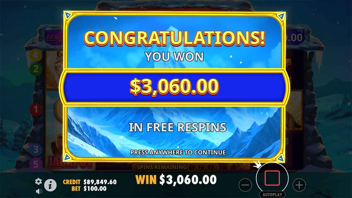 Himalayan Wild slot game by Pragmatic Play, showing Win of 3,060 from Free Respins