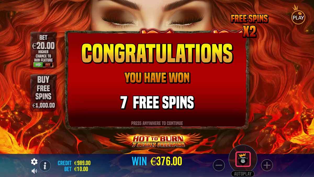 Hot to Burn - 7 Deadly Free Spins slot game by Pragmatic Play, 7 Free spins