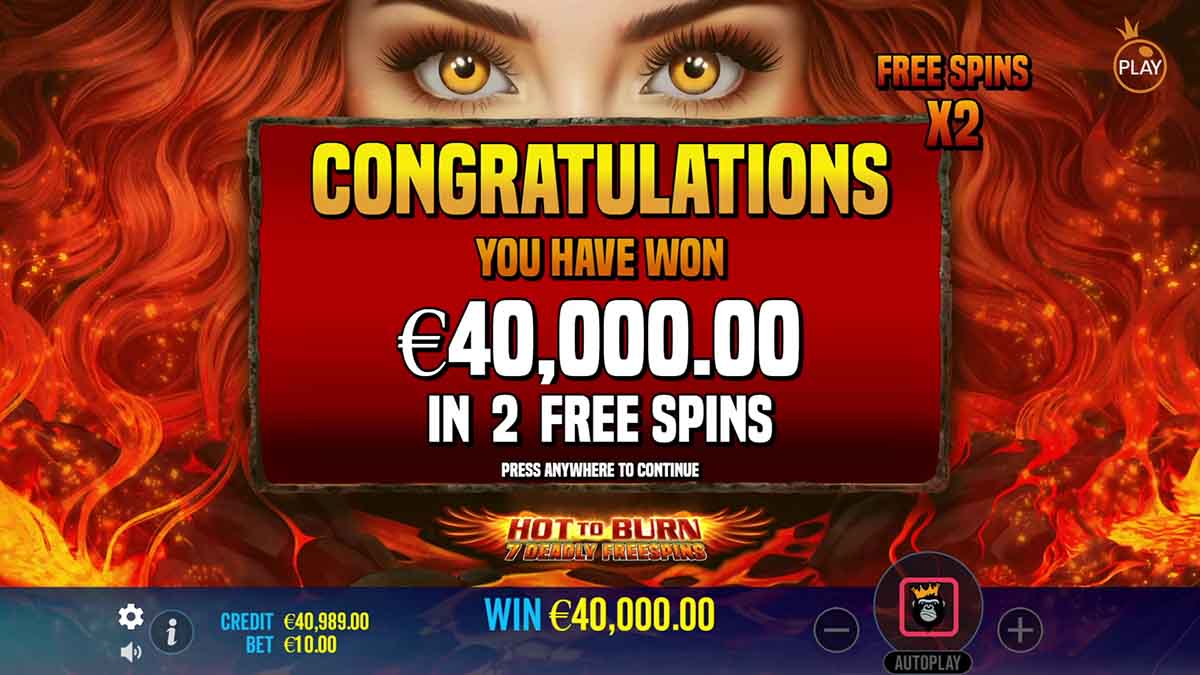 Hot to Burn - 7 Deadly Free Spins slot game by Pragmatic Play, €40,000 Win