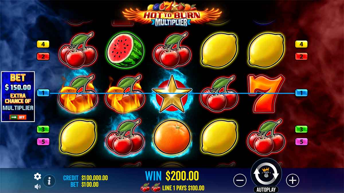 Hot to Burn Multiplier slot game by Pragmatic Play, showing Win of 200.00