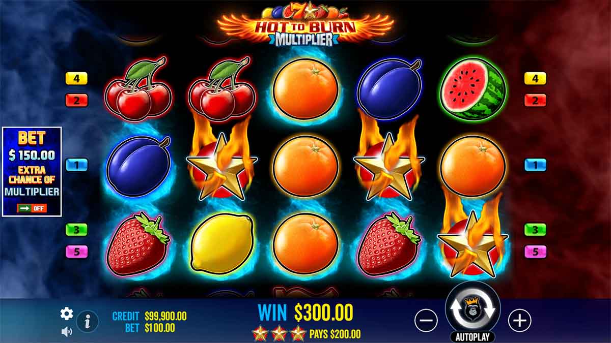 Hot to Burn Multiplier slot game by Pragmatic Play, showing Win of 300.00