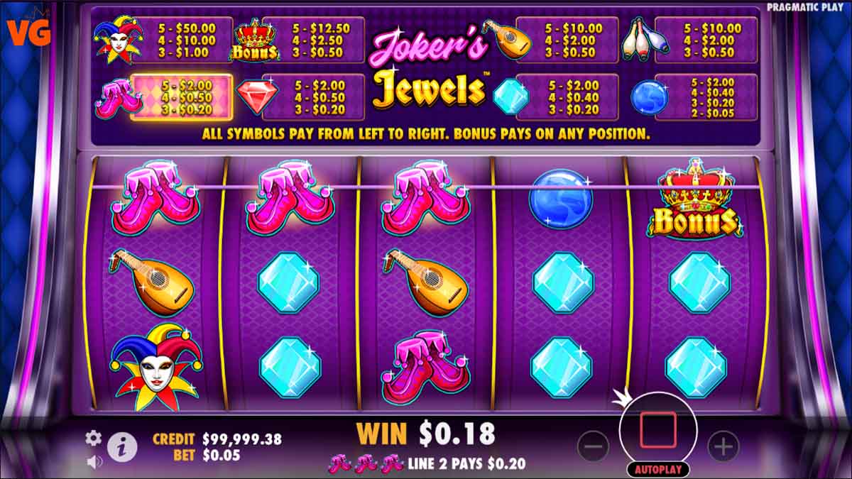 Jokers Jewels slot game by Pragmatic Play, win 0.18