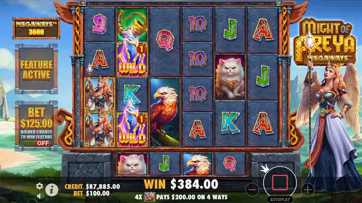 Might of Freya Megaways slot game by Pragmatic Play, showing Win of 384.00