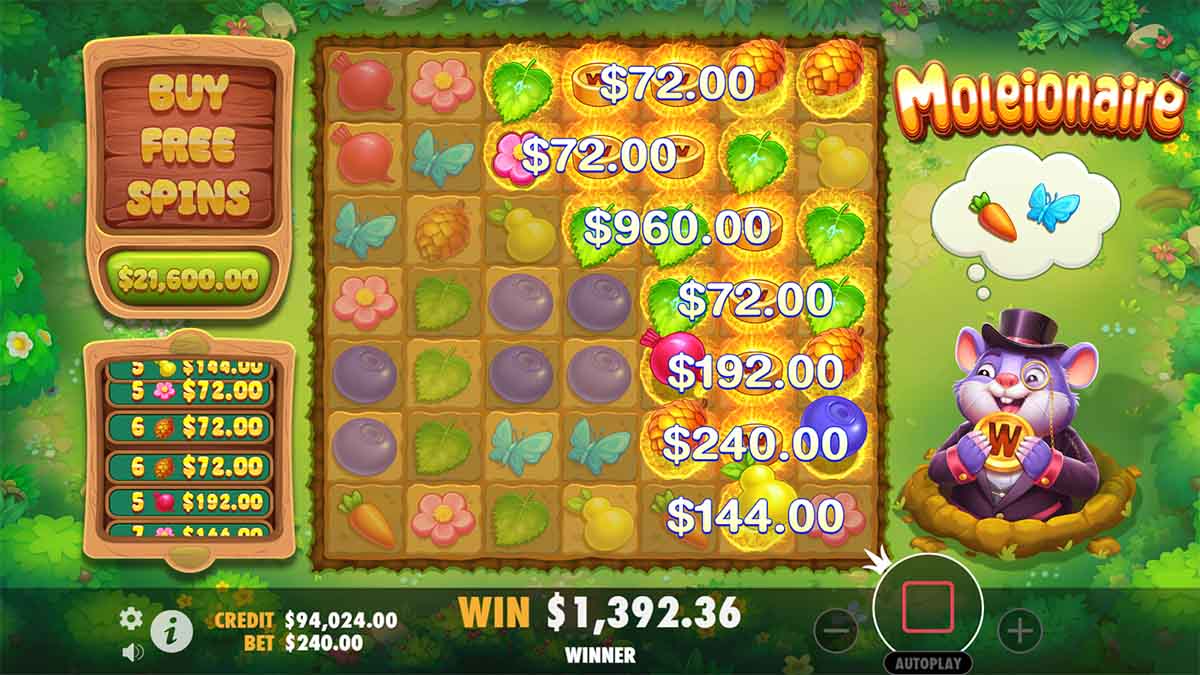 Moleionaire slot game by Pragmatic Play, showing Winning Combinations