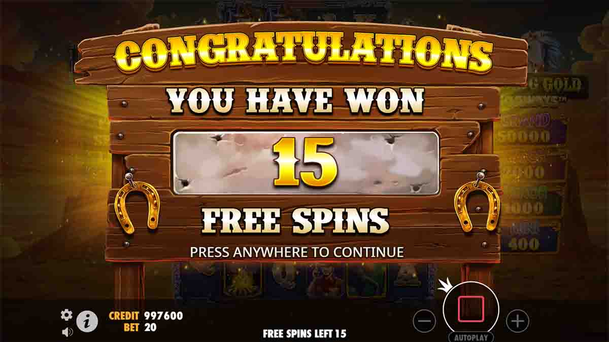 Mustang Gold Megaways slot game by Pragmatic Play, 15 free spins