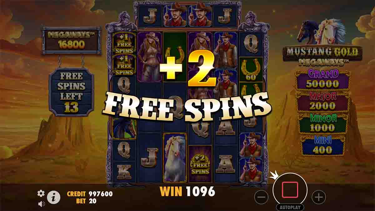 Mustang Gold Megaways slot game by Pragmatic Play, +2 Free Spins