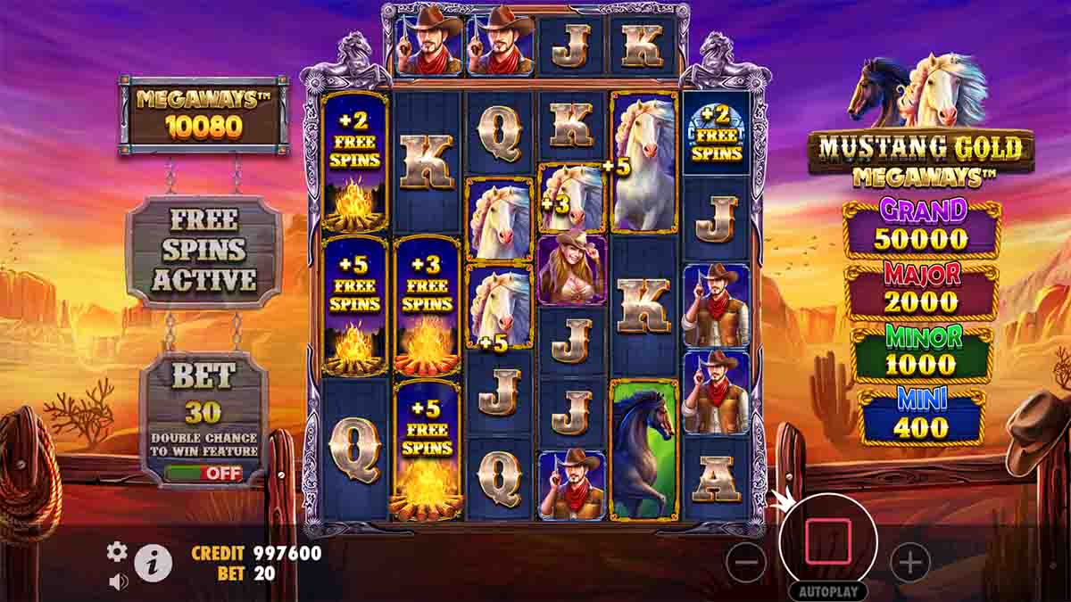 Mustang Gold Megaways slot game by Pragmatic Play, free spin scatters