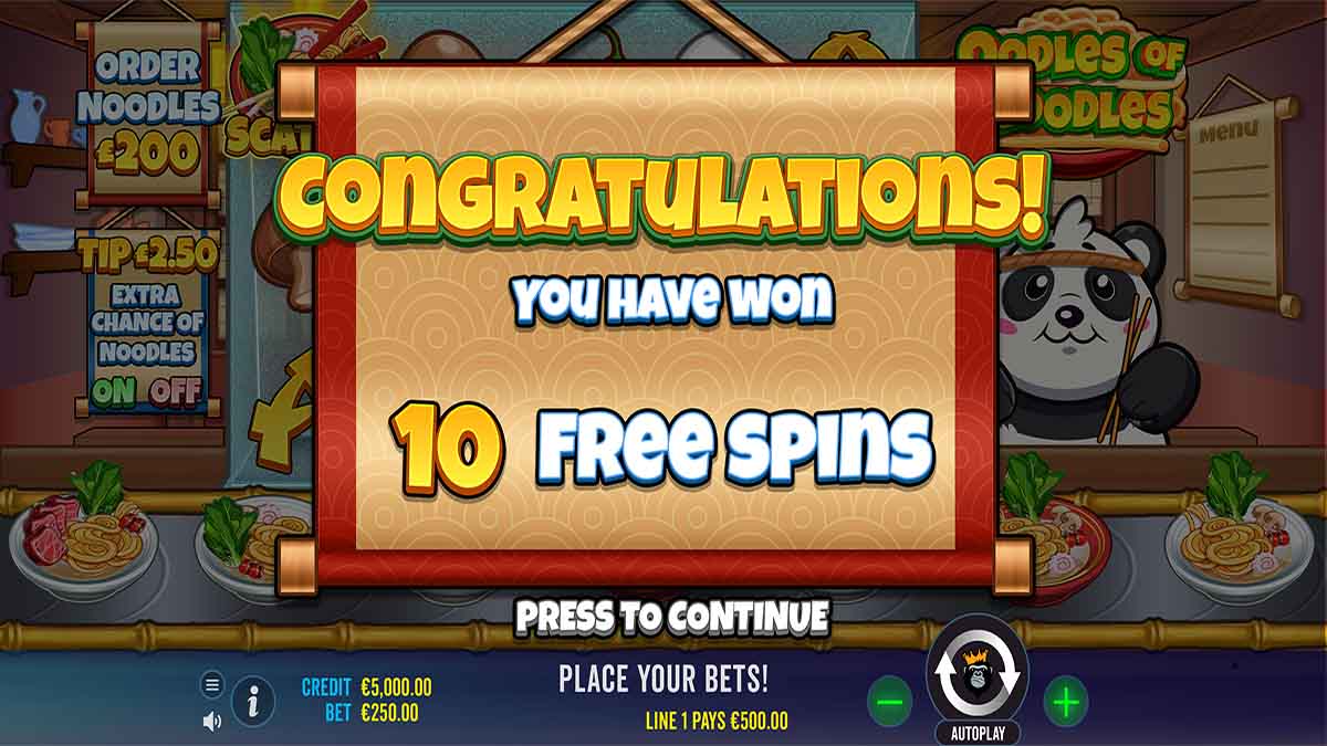 Oodles of Noodles slot game by Pragmatic Play, showing win of 10 free spins