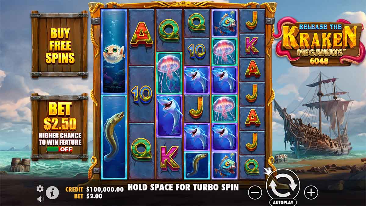 Release the Kraken Megaways slot game by Pragmatic Play, Base Game view