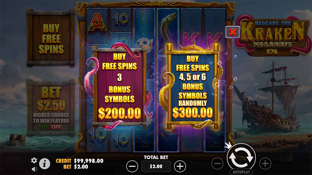 Release the Kraken Megaways slot game by Pragmatic Play, featuring Buy Free Spins