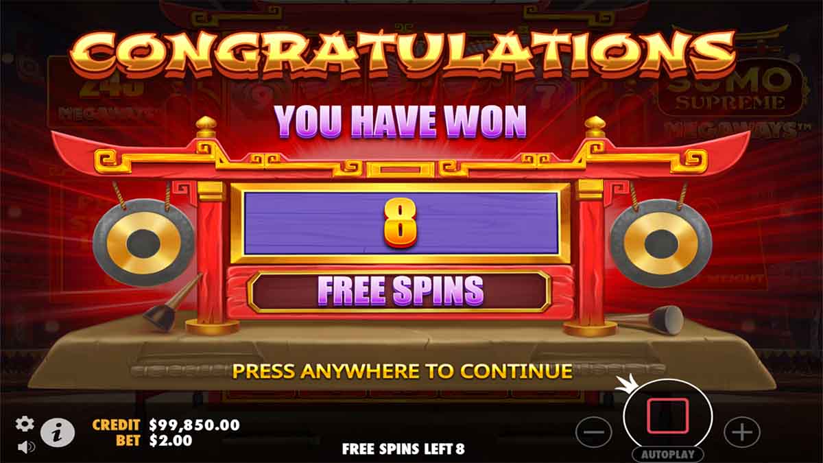 Sumo Supreme Megaways slot game by Pragmatic play, 8 free spins