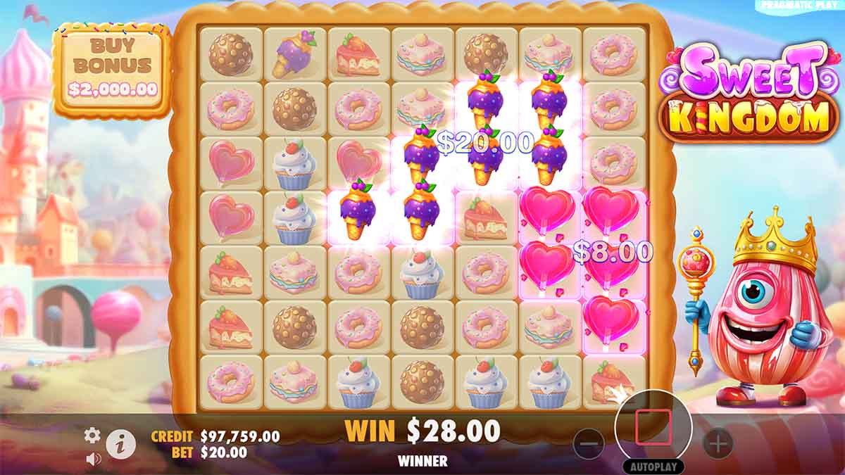 Sweet Kingdom slot game by Pragmatic Play, showing Win of 28.00