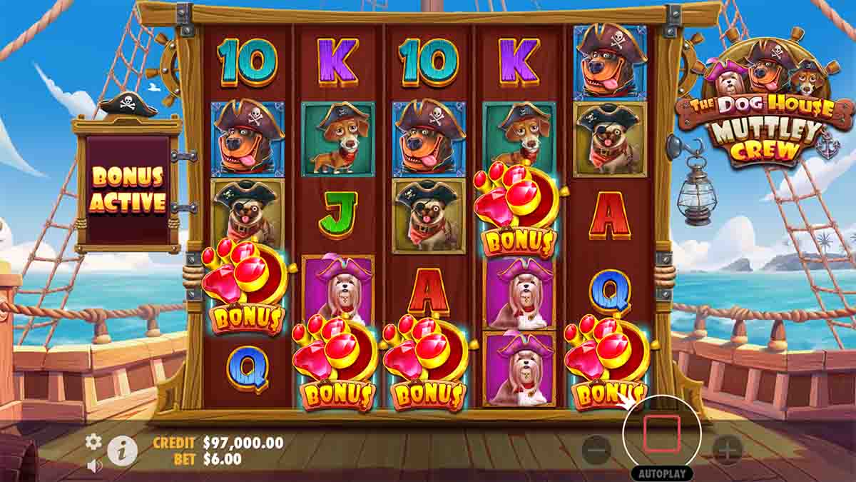 The Dog House Muttley Crew slot game by Pragmatic Play showing 5 bonus scatters