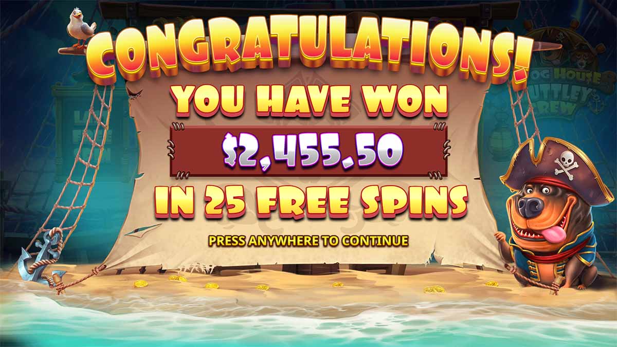 The Dog House Muttley Crew slot game by Pragmatic Play showing Total Win of $2,455 in 25 free spins