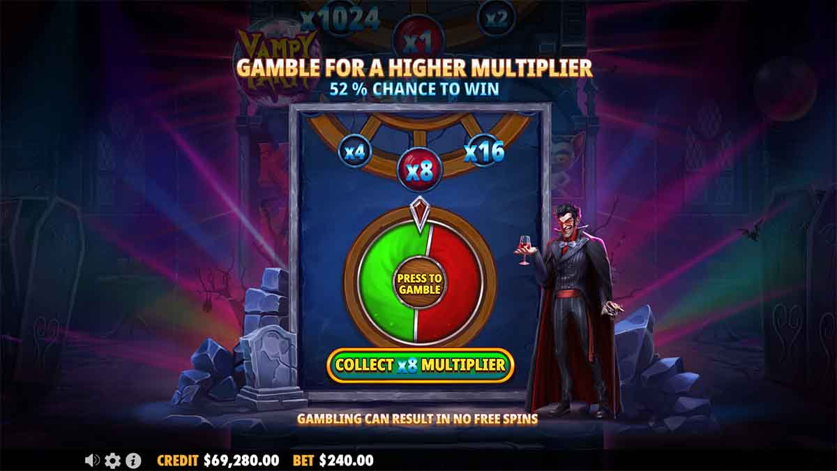 Vampy Party slot game by Pragmatic Play, featuring Gamble Free Spins