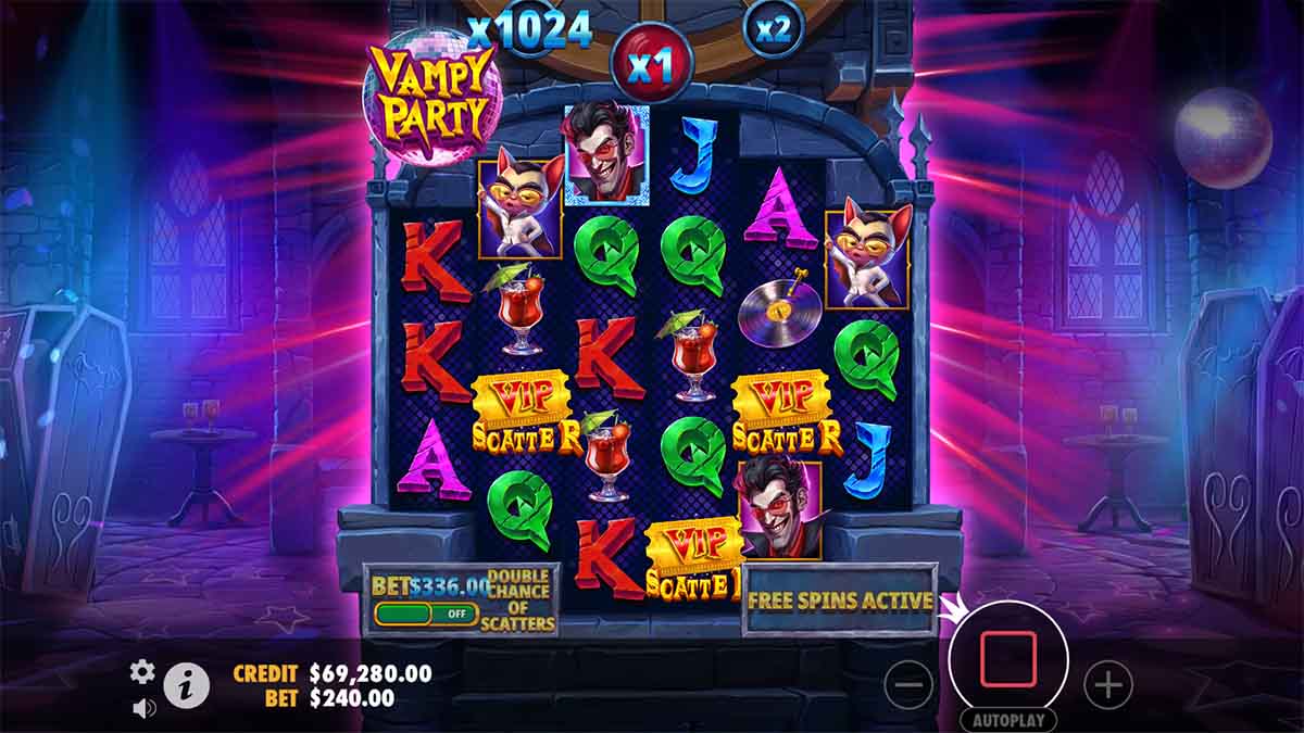 Vampy Party slot game by Pragmatic Play, featuring Vip Scatter