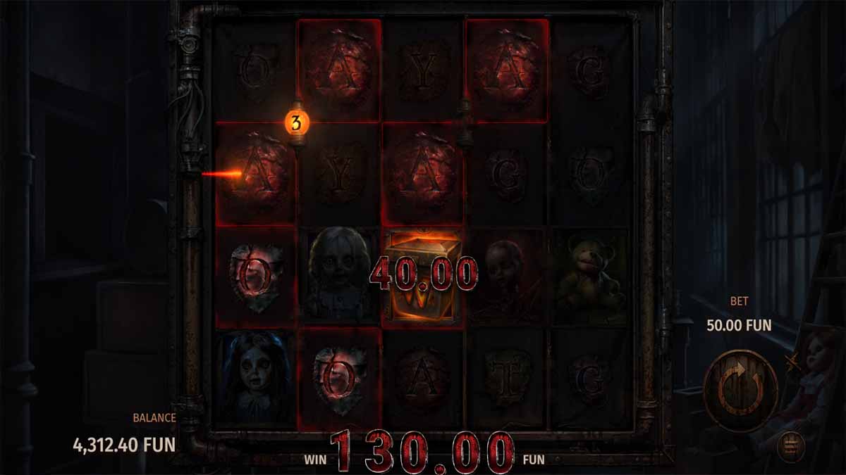 Dreadworks slot game by Print Studios, showing Win of  130.00