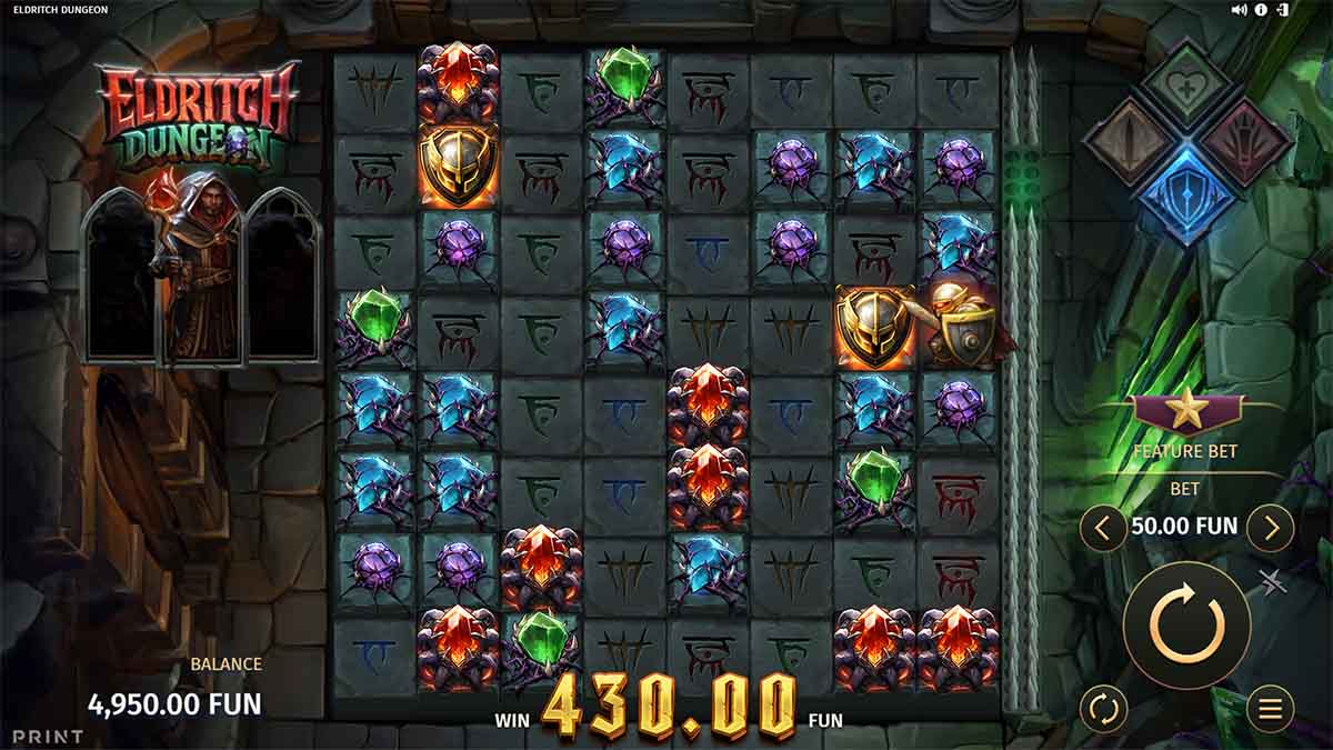 Eldritch Dungeon slot game by Print Studios, showing Win of 430.00