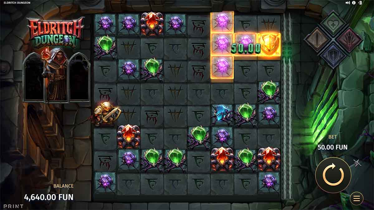 Eldritch Dungeon slot game by Print Studios, showin Win of 50.00