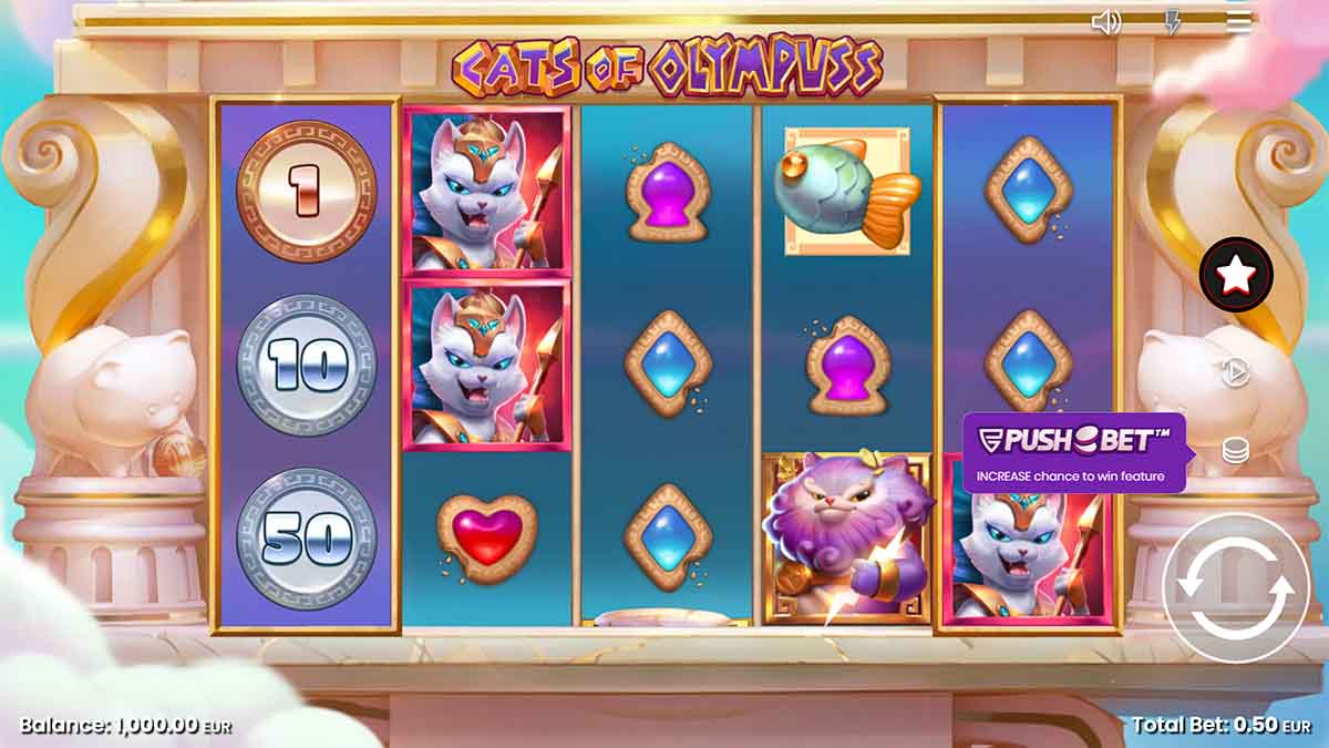 Cats of Olympuss slot game by Push Gaming, Base Game view